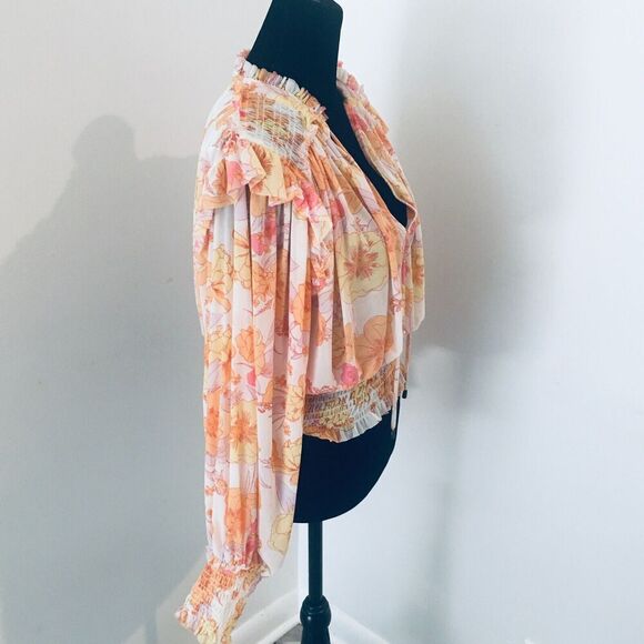 FREE PEOPLE  Orange Yellow Floral Ruffled L/S Mesh Smocked Cropped Blouse Top M - Picture 3 of 8